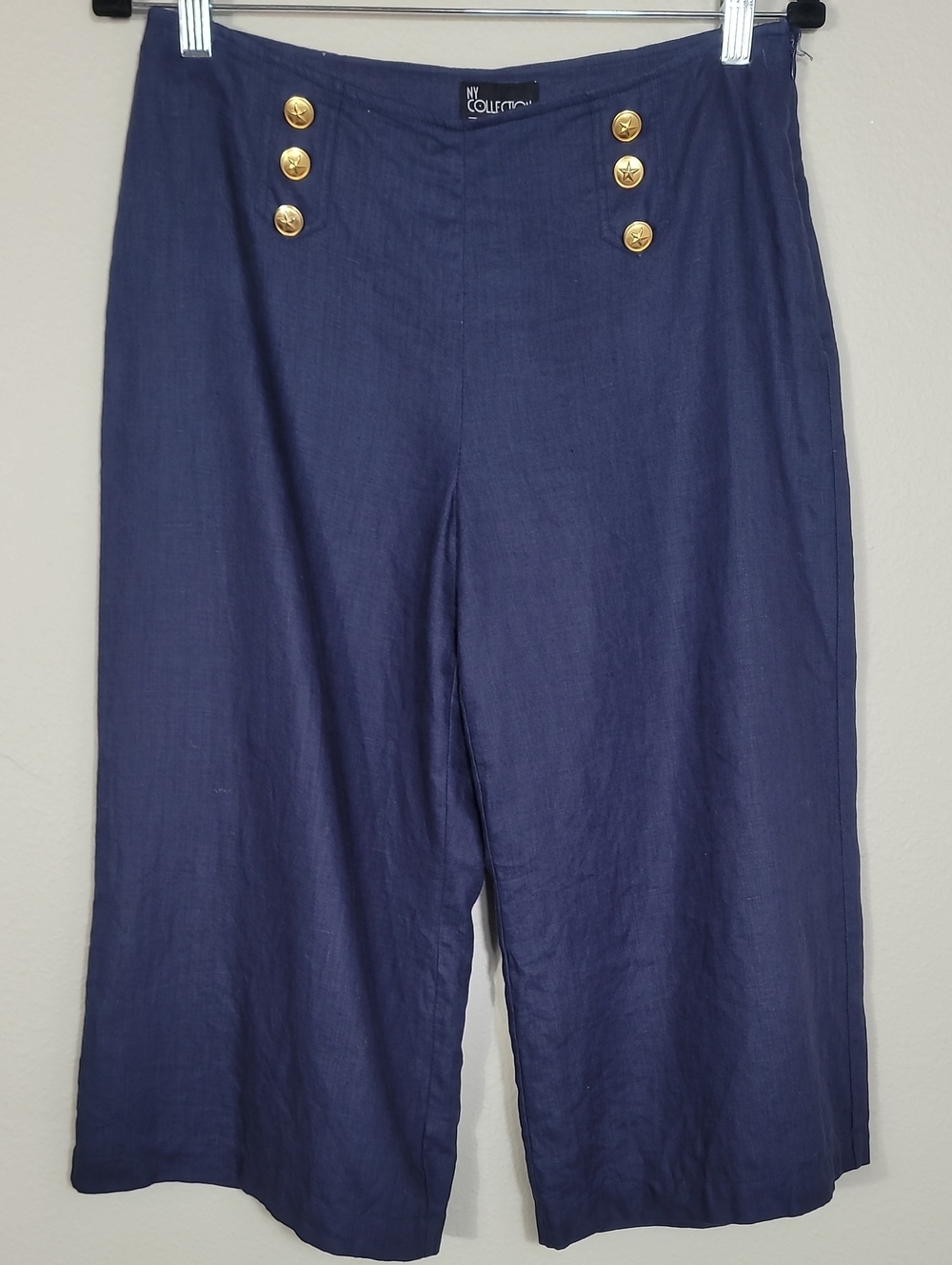 Vintage NY Collection Linen Cropped Pants Size 10P Navy Wide Leg Gold Button